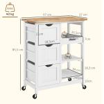 Carrinho de Cozinha com Rodas Carrinho de Serviço com 3 Gavetas 2 Prateleiras Abertas e Bandeja 67x37x85,5 cm Branco