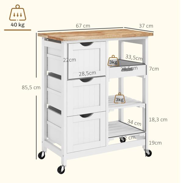 Carrinho de Cozinha com Rodas Carrinho de Serviço com 3 Gavetas 2 Prateleiras Abertas e Bandeja 67x37x85,5 cm Branco