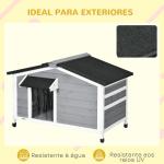 Casa para Cães de Madeira Casa para Animais de Estimação com Teto Asfáltico 2 Janelas Porta com Cortina 97x72x65 cm Cinza