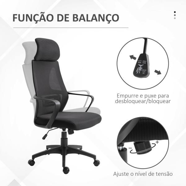 Cadeira de escritório ergonômica Cadeira de mesa inclinável ajustável em altura com encosto de braço Encosto de cabeça 5 rodas Suporta até 120 kg 64x58x116 - 126 cm Preto