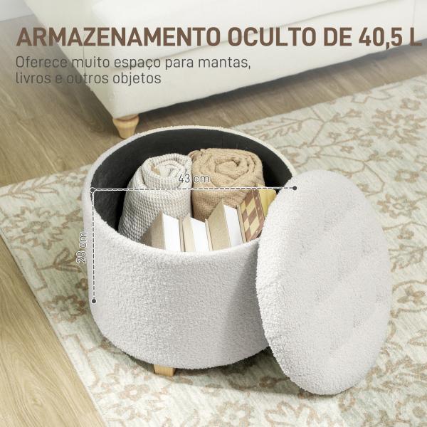 Puff de Armazenamento Banco de Armazenamento Redondo 40,5L 45x45x41 cm Estofado em Borreguito Banco Apoia - Pés Branco