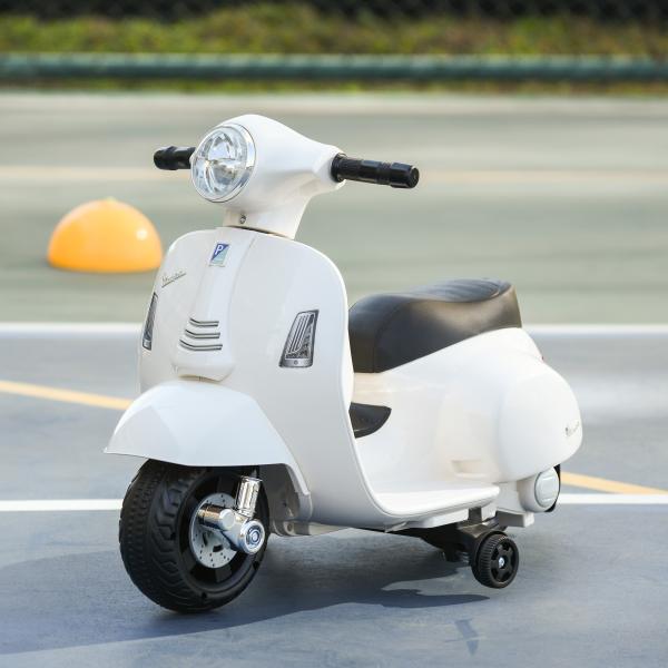 Mota Elétrica Vespa 6V com Farol Buzina e Rodas Auxiliares para Crianças de 18 - 36 Meses Branco 66,5x38x52 cm
