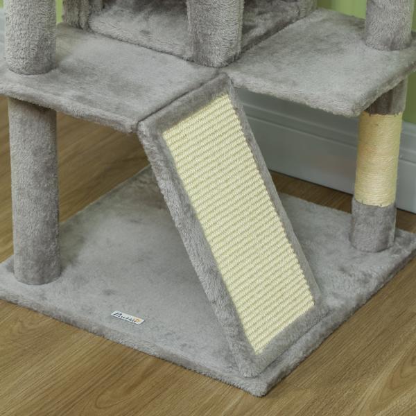 Arranhador para Gatos com Postes de Sisal Plataformas Cavernas Bolas Pendentes e Redes 49x49x138 cm Cinza Claro