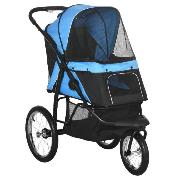 Carrinho para Cães Dobrável para Cães Médios e Pequenos com Cesta de Armazenamento Capota Ajustável 111x58x107 cm Azul