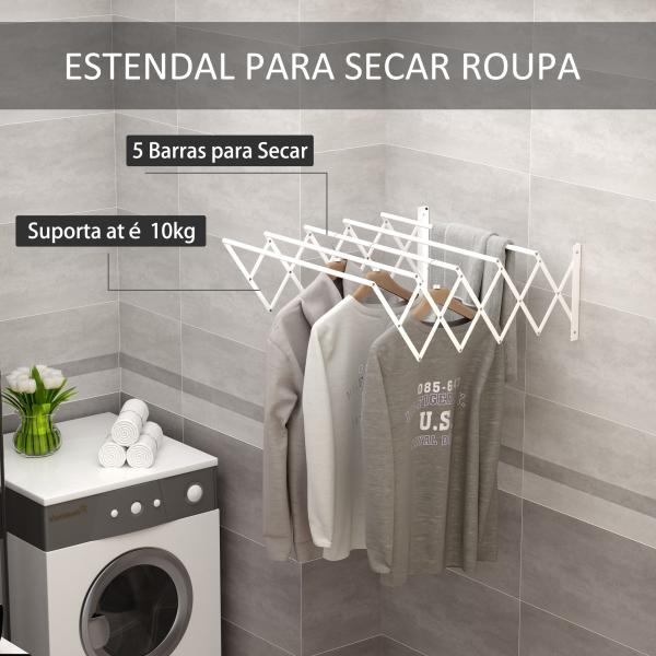 Estendal de Parede Extensível de 63,5cm de Metal com 5 Barras para Interior e Exterior Carga 10kg 63,5x60x20cm Branco