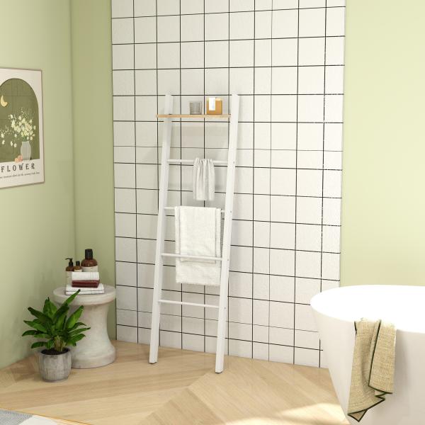 Toalheiro de Escada com Prateleira Superior e 4 Barras Suporte de Toalhas para Encostar na Parede 43x20x151 cm Branco e Carvalho