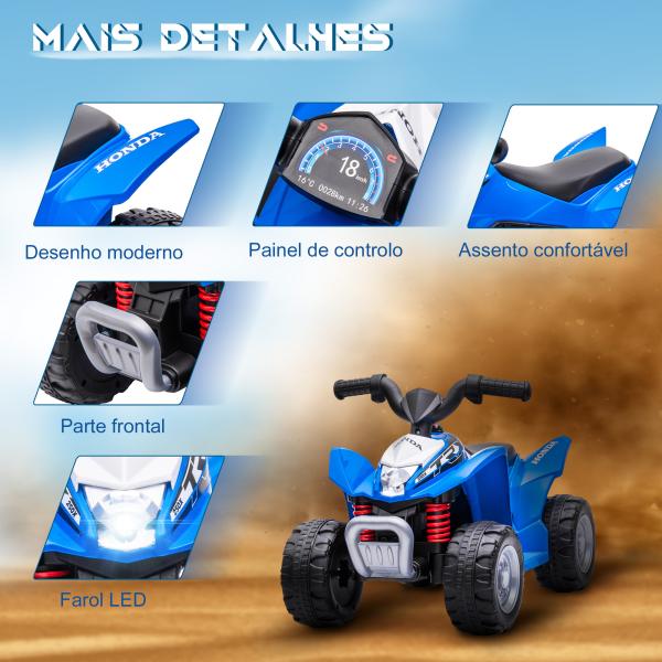 Quadriciclo Elétrico HONDA para Crianças de 18 - 36 Meses Quadriciclo Elétrico Infantil a Bateria 6V com Faróis LED Buzina Velocidade de 2,8km/h e Avance 65,5x35,5x43,5cm Azul