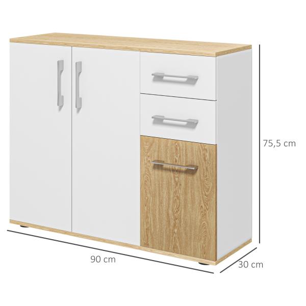 Aparador Sala de Estar Moderno com 2 Gavetas 2 Armários e Prateleiras Ajustáveis 90x30x75,5 cm Branco e Madeira