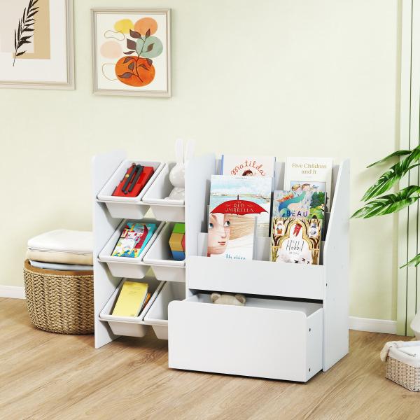 Estante Infantil para Brinquedos com 6 Caixas Removíveis 3 Prateleiras Abertas e Gaveta Inferior com Rodas 100x30x80 cm Branco
