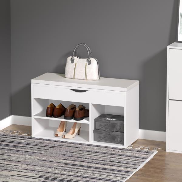 Banco Sapateira com Armazenamento Gaveta Prateleira e Assento Acolchoado para Entrada Estilo Moderno 80x30x47cm Branco