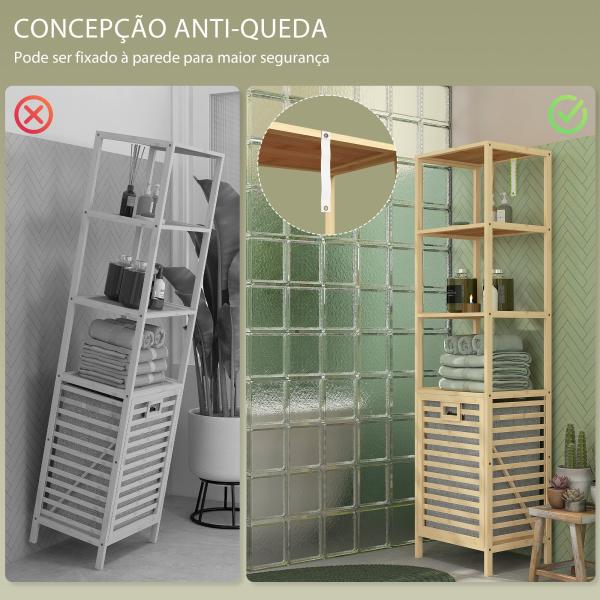 Estante de Casa de Banho em Bambu com 3 Prateleiras e 1 Cesto para Roupa Suja Removível 44x33x160 cm Natural