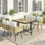 Conjunto de Refeição Jardim de 5 Peças Mesa de Refeição com Imitação de Madeira e 4 Cadeiras com Almofadas Bege e Madeira