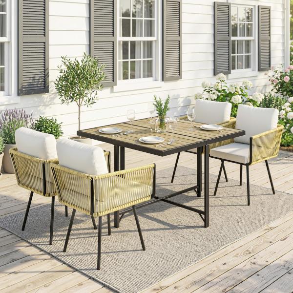 Conjunto de Refeição Jardim de 5 Peças Mesa de Refeição com Imitação de Madeira e 4 Cadeiras com Almofadas Bege e Madeira