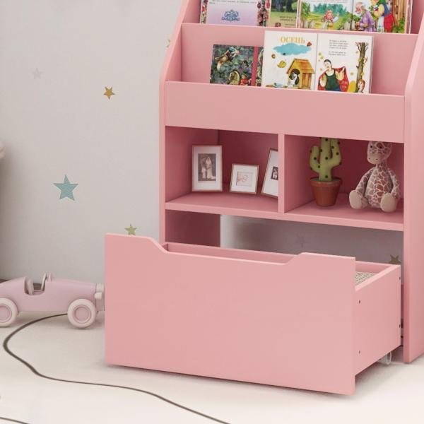 Estante de Madeira para Brinquedos com 3 Compartimentos 2 Prateleiras e Gaveta Móvel com 4 Rodas 60x29,9x90 cm Rosa