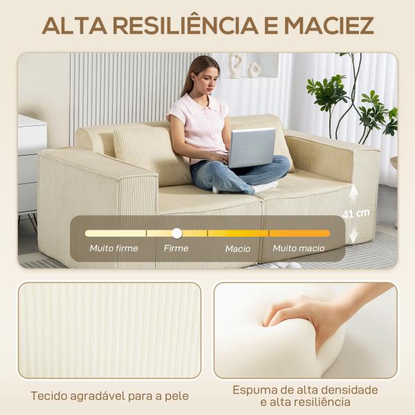 Sofá de 3 Lugares Sofá de Sala 202x90x76 cm Revestido em Veludo Cotelê Acolchoamento Espesso e 2 Almofadas Bege
