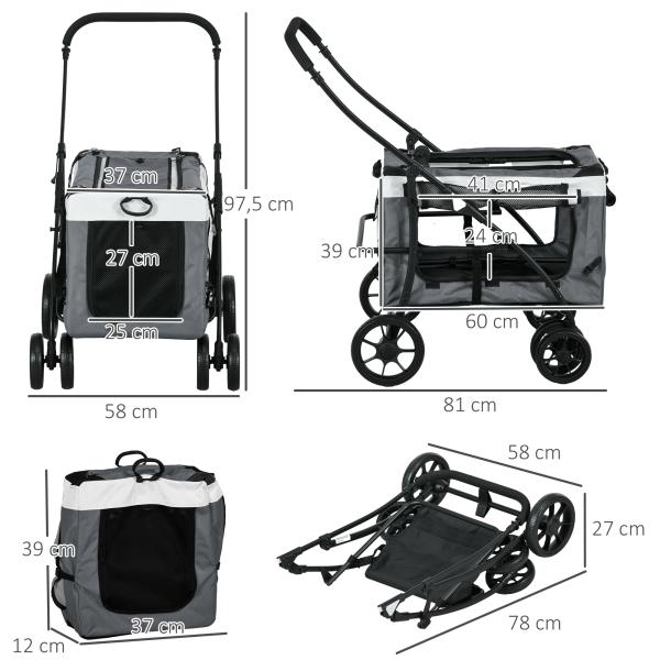 Carrinho para Animais de Estimação Carrinho para Cães Dobrável com Compartimento Desmontável 4 Portas 81x58x97,5 cm Cinza