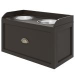 Comedouro Elevado para Cães com 2 Tigelas 2000ml de Aço Inoxidável Gaveta Oculta com Suporte de Madeira 60x30x36cm Marrom Escuro