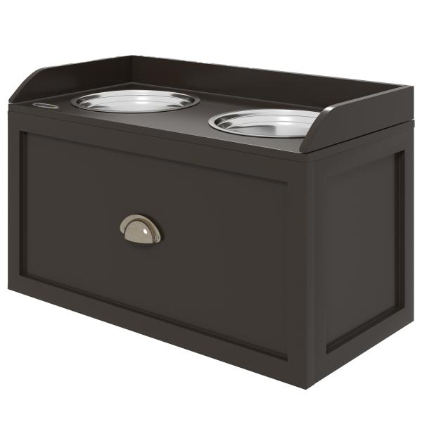 Comedouro Elevado para Cães com 2 Tigelas 2000ml de Aço Inoxidável Gaveta Oculta com Suporte de Madeira 60x30x36cm Marrom Escuro