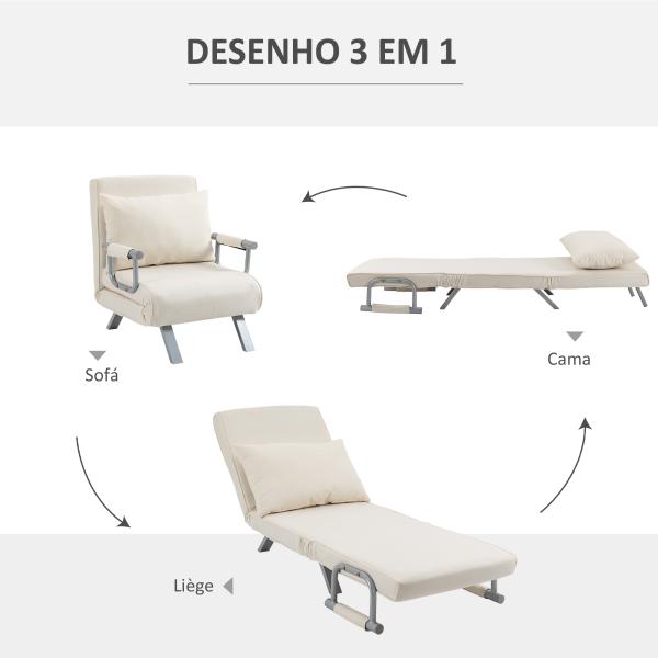 Sofá Cama Individual Sofá Cama Individual Sofá Reclinável com Almofada para Sala Quarto Carga 100 kg 65x69x80 cm Creme