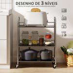Carrinho Auxiliar com Rodas de Aço Inoxidável de 3 Níveis com Prateleira Ajustável 2 Rodas com Travão 60x35x77 cm Prateado