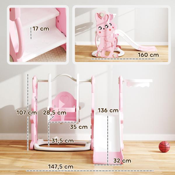 Escorrega Infantil 4 em 1 Parque Infantil com Baloiço e Escorrega Escalador Cesto de Basquetebol 147,5x160x107 cm Rosa