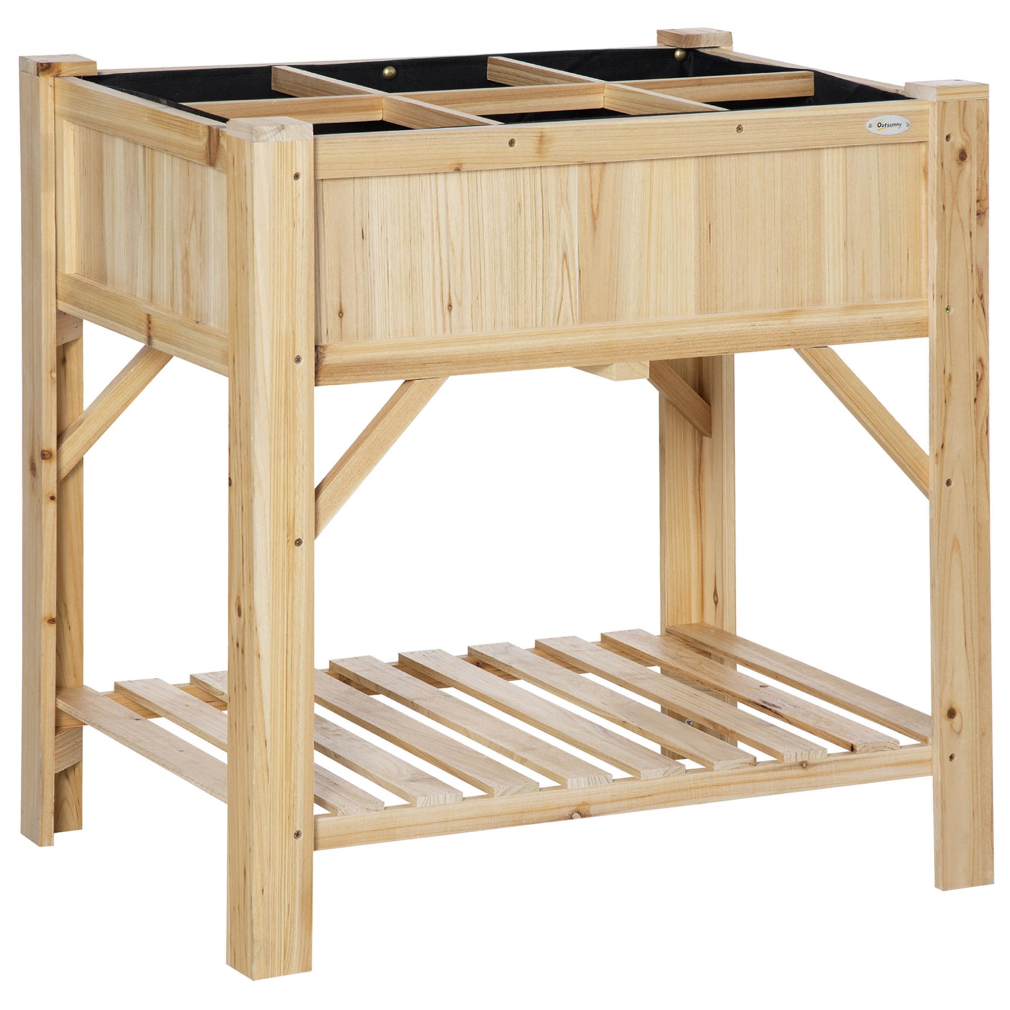 Horta Urbana de Madeira Mesa de Cultivo com 6 Compartimentos e Prateleira Inferior para Plantas e Flores em Jardim Terraço Exterior Capacidade 80 kg 78,5x58x81 cm Cor Natural