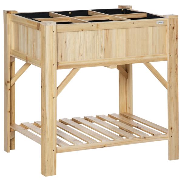 Horta Urbana de Madeira Mesa de Cultivo com 6 Compartimentos e Prateleira Inferior para Plantas e Flores em Jardim Terraço Exterior Capacidade 80 kg 78,5x58x81 cm Cor Natural