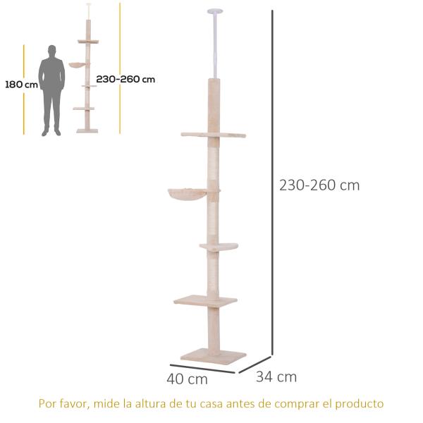 Árvore Arranhadora para Gatos Arranhador para Fixar ao Teto Altura Ajustável com Plataformas Poste de Sisal 40x34x230 - 260cm Bege