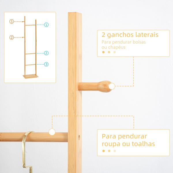 Cabide de Pé de Bambu com 2 Ganchos e 3 Barras Suspensas para Entrada Corredor Dormitório 36x24x168cm Madeira