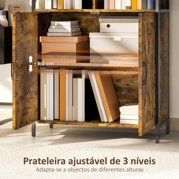 Estante de 6 Níveis Estante de Livros com Compartimentos Abertos 2 Portas Estilo Industrial 75x34x172 cm Castanho Rústico