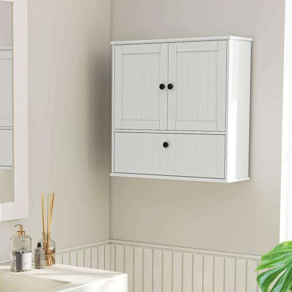 Armário Casa de Banho de Parede Rústico com Prateleira Ajustável Dupla Porta Porta Basculante e Fecho Magnético 60x19,5x60 cm Branco