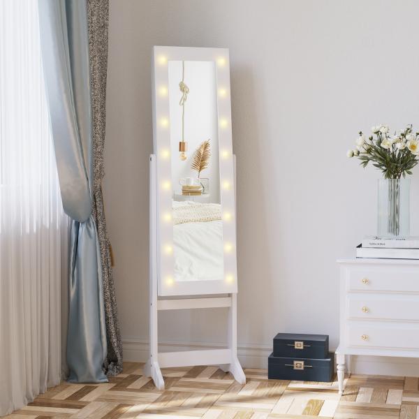 Guarda - Joias de Pé, com Espelho, Armário para Joias 16 Luzes LED Reclinável 36x30x136cm Branco