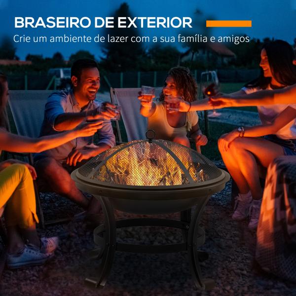 Braseiro de Exterior de Aço com Tampa Protetora e Atiçador para Fogueiras na Varanda Campismo Ø55x50 cm Preto