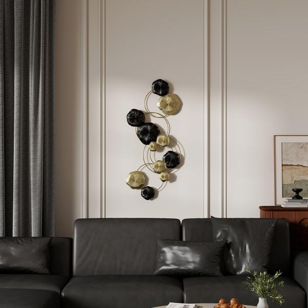 Decoração de Parede em Metal com Forma de Flor de Lótus Adorno para Sala Moderna Decoração 84x35 cm Dourado e Preto