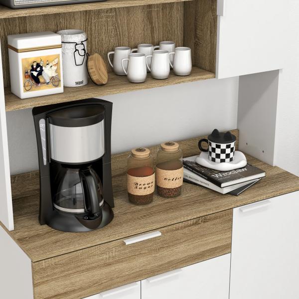 Armário de Cozinha Alto com 4 Portas, Prateleiras Ajustáveis, Gaveta e Compartimentos Abertos, 98x39x180 cm, Branco e Natural