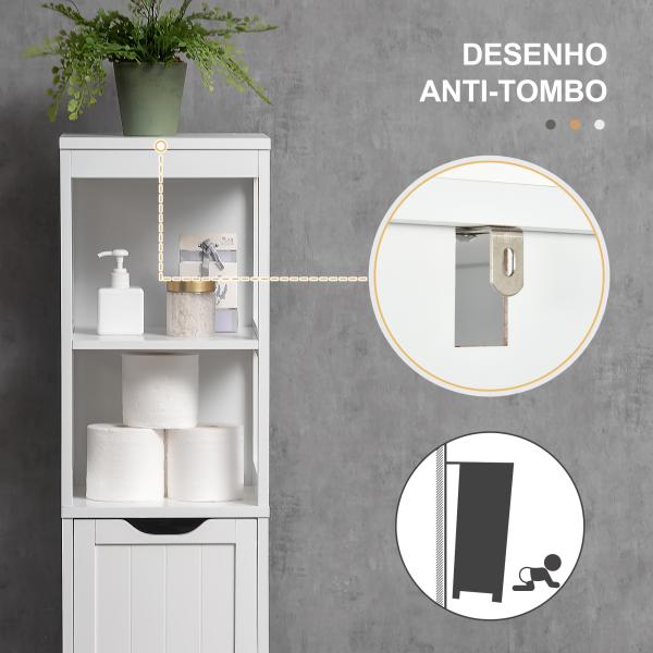 Armário Casa de Banho Estreito com 3 Gavetas e 2 Prateleiras Abertas Estilo Moderno 30x30x141,6 cm Branco