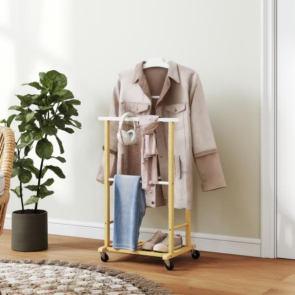 Cabide de Pé de Bambu com Rodas Cabide para Roupas com Barras para Calças e Prateleira Inferior para Sapatos Estilo Nórdico 47x33,7x105,5 cm Madeira e Branco