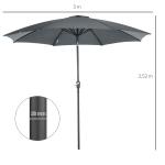 Chapéu de Sol a Manivela com Teto Inclinável e 8 Hastes de Metal para Pátio Varanda Exterior Ø300x240 cm Cinza