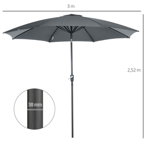 Chapéu de Sol a Manivela com Teto Inclinável e 8 Hastes de Metal para Pátio Varanda Exterior Ø300x240 cm Cinza