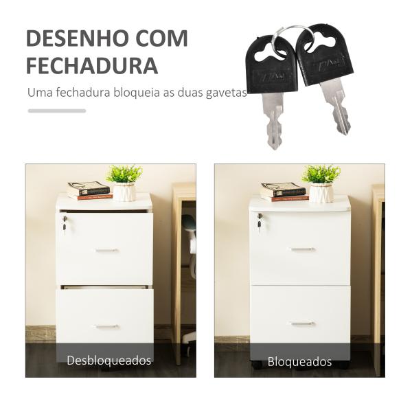 Arquivador de Escritório Móvel Auxiliar para Arquivos com 2 Gavetas Fechadura 2 Chaves 43x45x72cm Branco