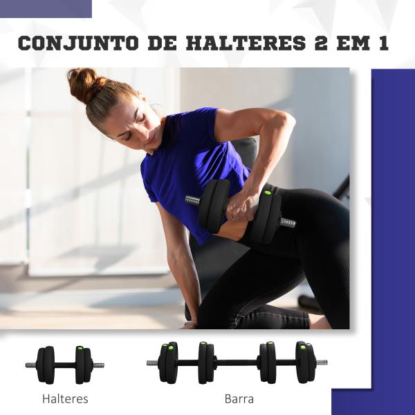 Kit de Halteres 15 kg 2 em 1 com Barra de Pesos Pega Antiderrapante para Treino de Força Preto Verde