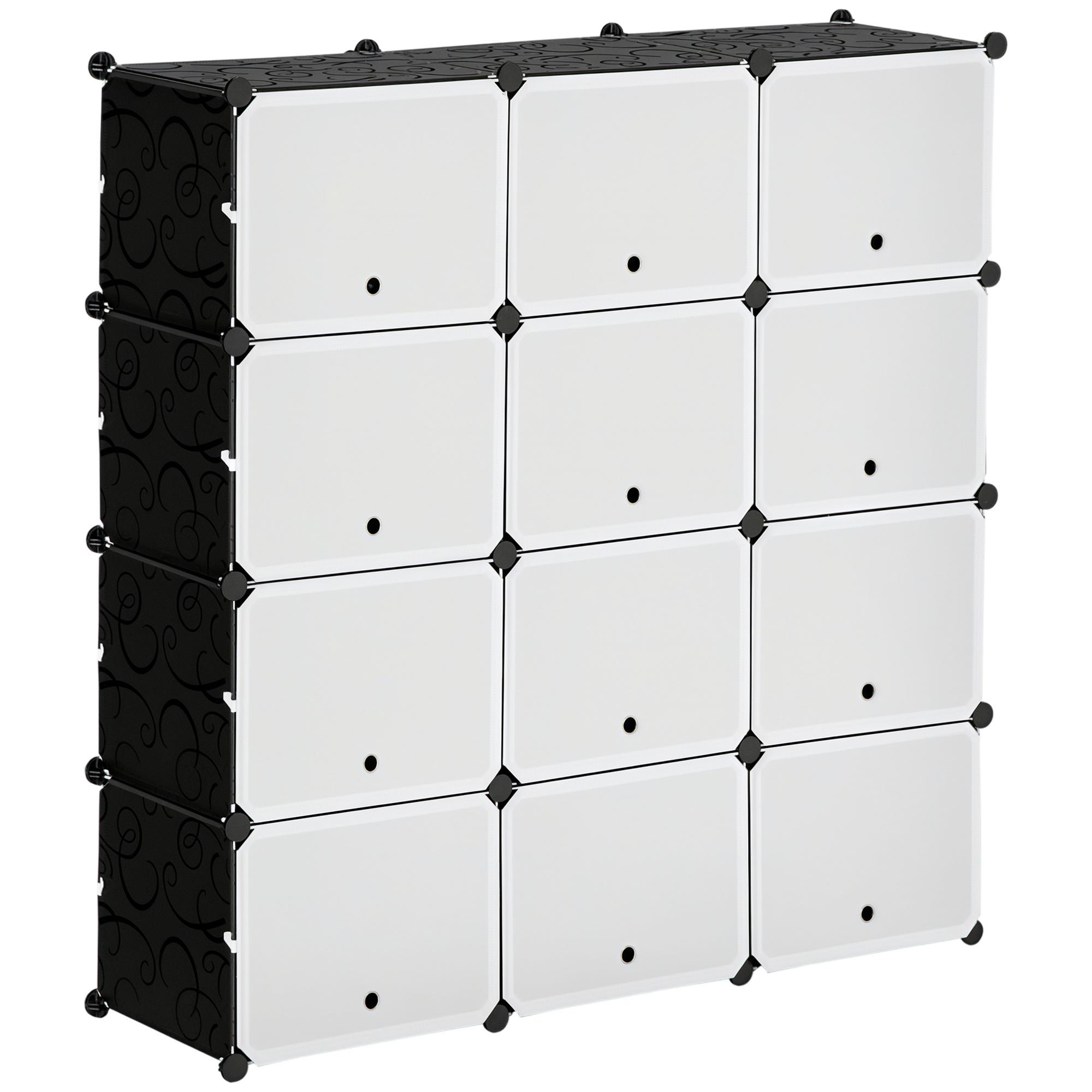 Armário Modular de Plástico Armário com 12 Cubos Organizadores de Sapatos Roupas Brinquedos 125x32x125cm Branco e Preto