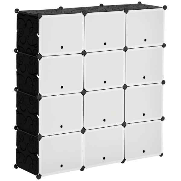 Armário Modular de Plástico Armário com 12 Cubos Organizadores de Sapatos Roupas Brinquedos 125x32x125cm Branco e Preto
