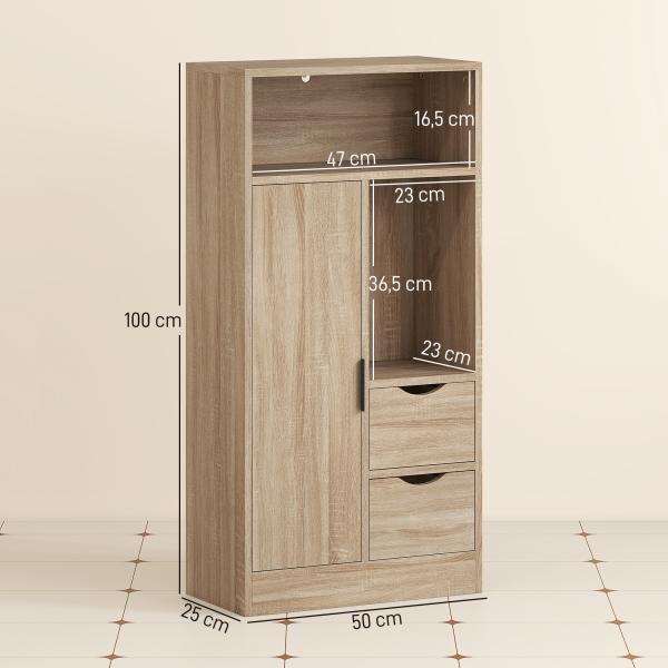 Móvel de Casa de Banho Estreito com 2 Gavetas Compartimento Aberto e Prateleiras Ajustáveis 50x25x100 cm Madeira