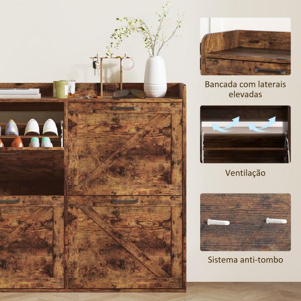 Sapateira de 4 Portas com Prateleiras Ajustáveis Estilo Industrial para 24 Pares de Sapatos 120x24x103 cm Castanho Rústico
