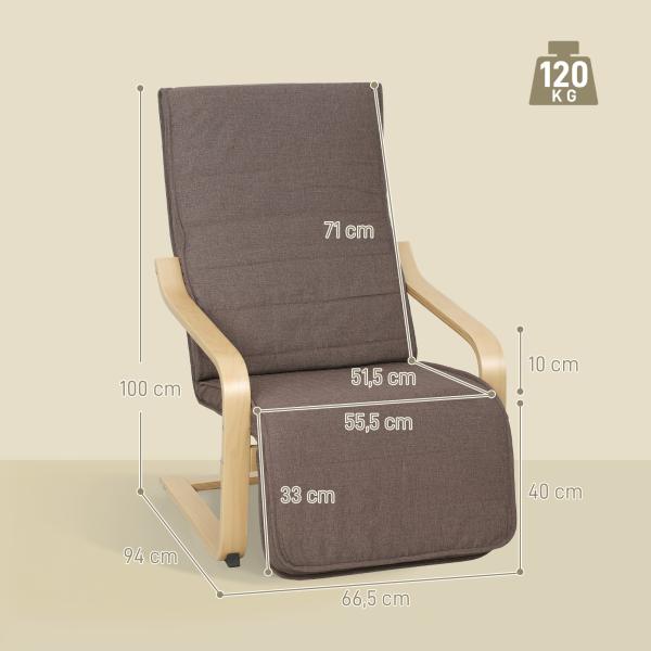 Poltrona Relax com Apoio para os Pés Ajustáveis Poltrona Estofada em Tecido com Estrutura de Madeira 66,5x94x100 cm Marrom