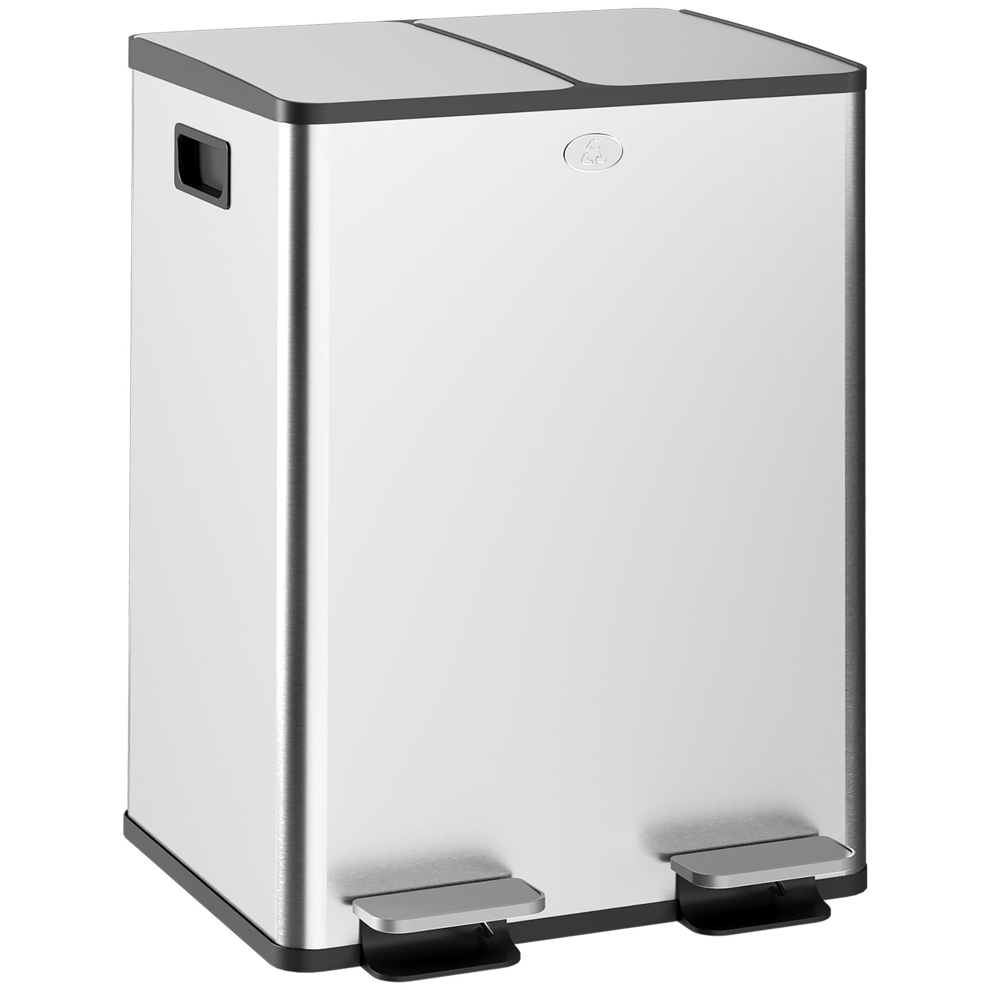 Balde de Lixo de Cozinha com 2 Compartimentos 2x20L Pedal Tampa de Fechamento Suave e Cubo Amovível Prata