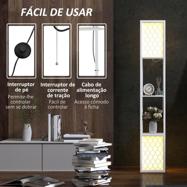 Candeeiro de Pé de Madeira com Estantes Lâmpada E27 Máx. 40W com Interruptor 26x26x156 cm Branco
