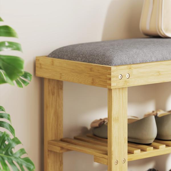 Banco Sapateira de Bambu Sapateira com Assento Almofadado 2 Prateleiras para 6 Pares de Sapatos 60x29x49 cm Madeira e Cinzento