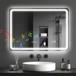 Espelho de Casa de Banho com Luz LED 70x50 cm Bluetooth 3 Cores de Luz Relógio Digital Função Antiembaciamento Memória Prata